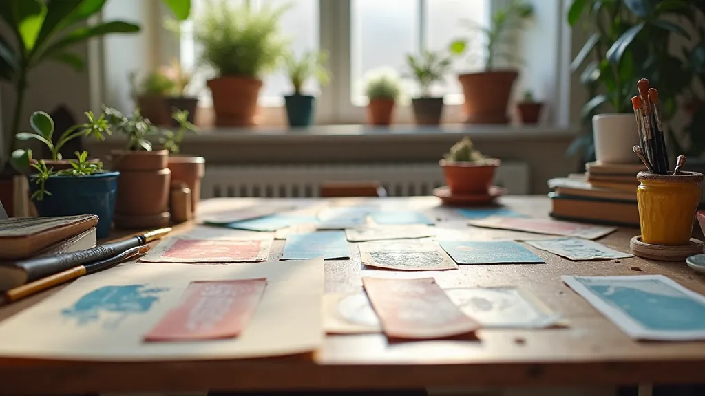 Artist's workspace with vintage bookmarks and art supplies