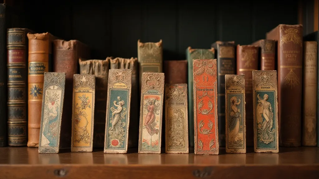 Arrangement of vintage bookmarks on a shelf