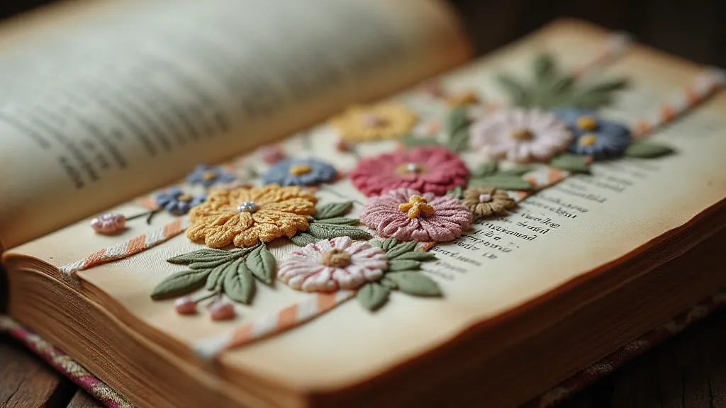 Embroidered silk bookmark in an old book