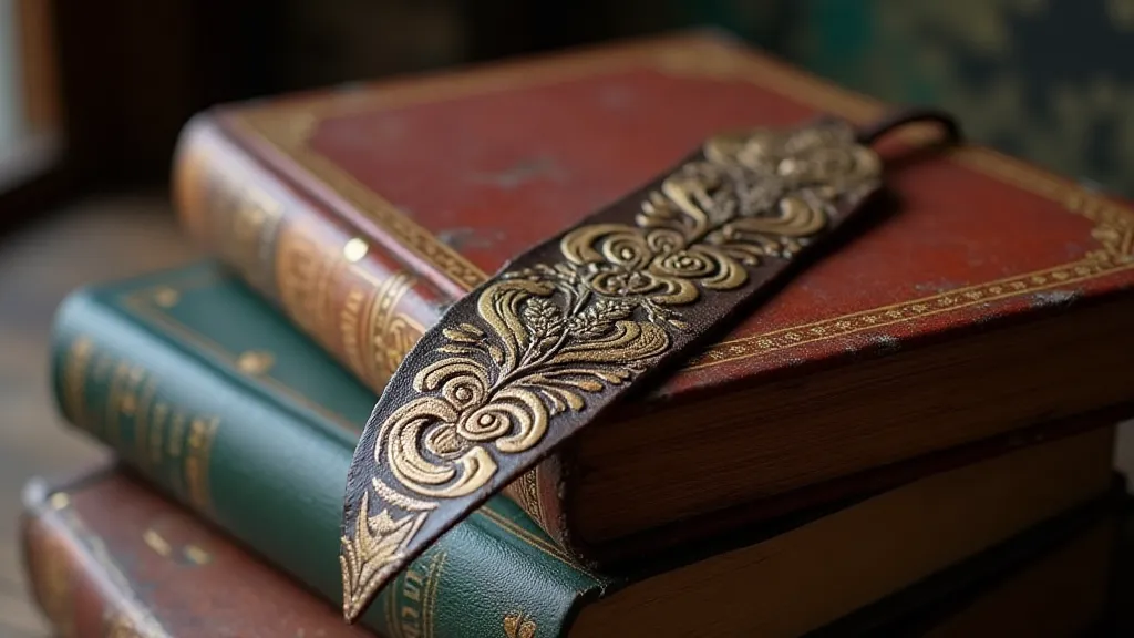 Antique leather bookmark on a stack of books