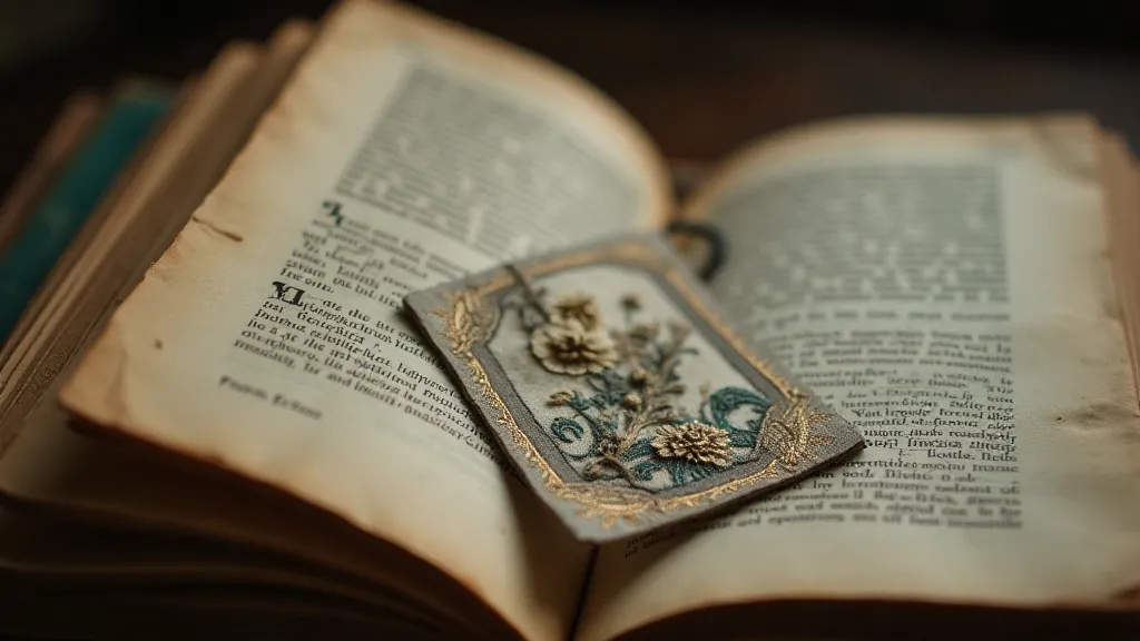 Antique silk bookmark in a book