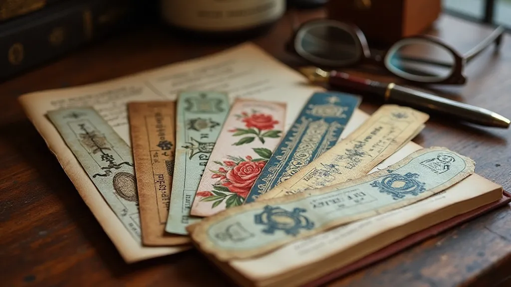 Variety of vintage bookmarks on a wooden table