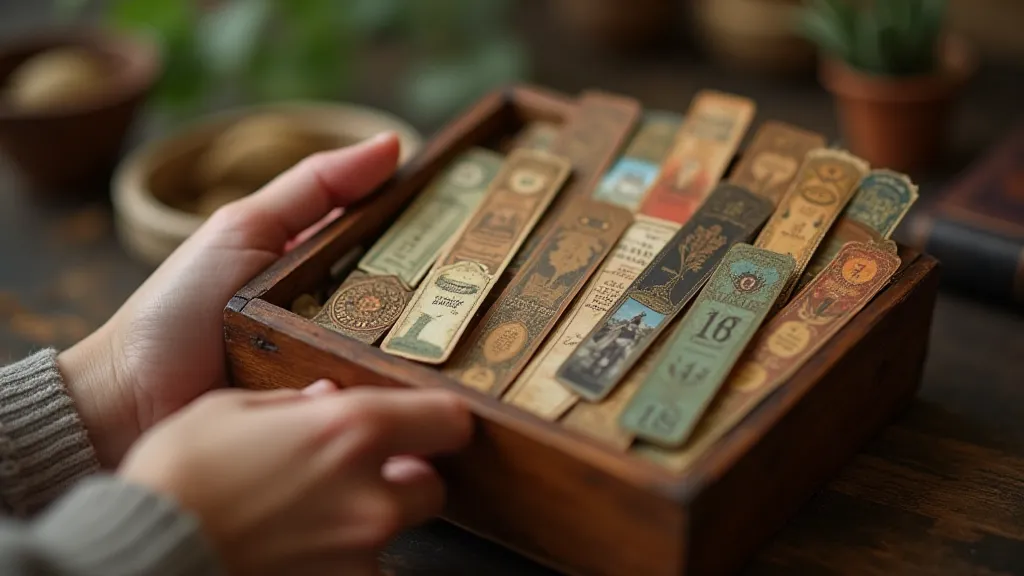 Vintage bookmark collection in a wooden box