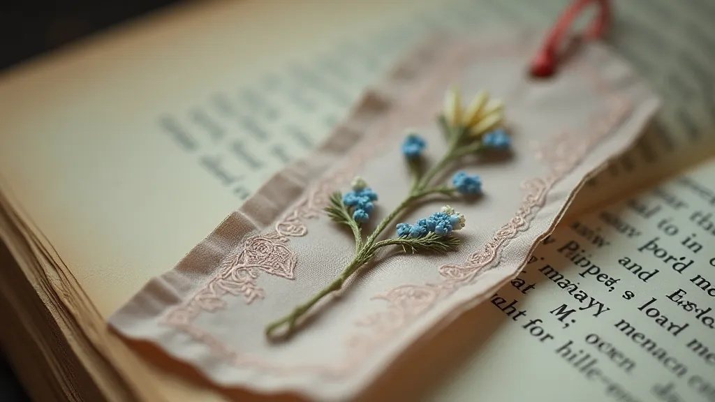 Faded silk bookmark with embroidered forget-me-not